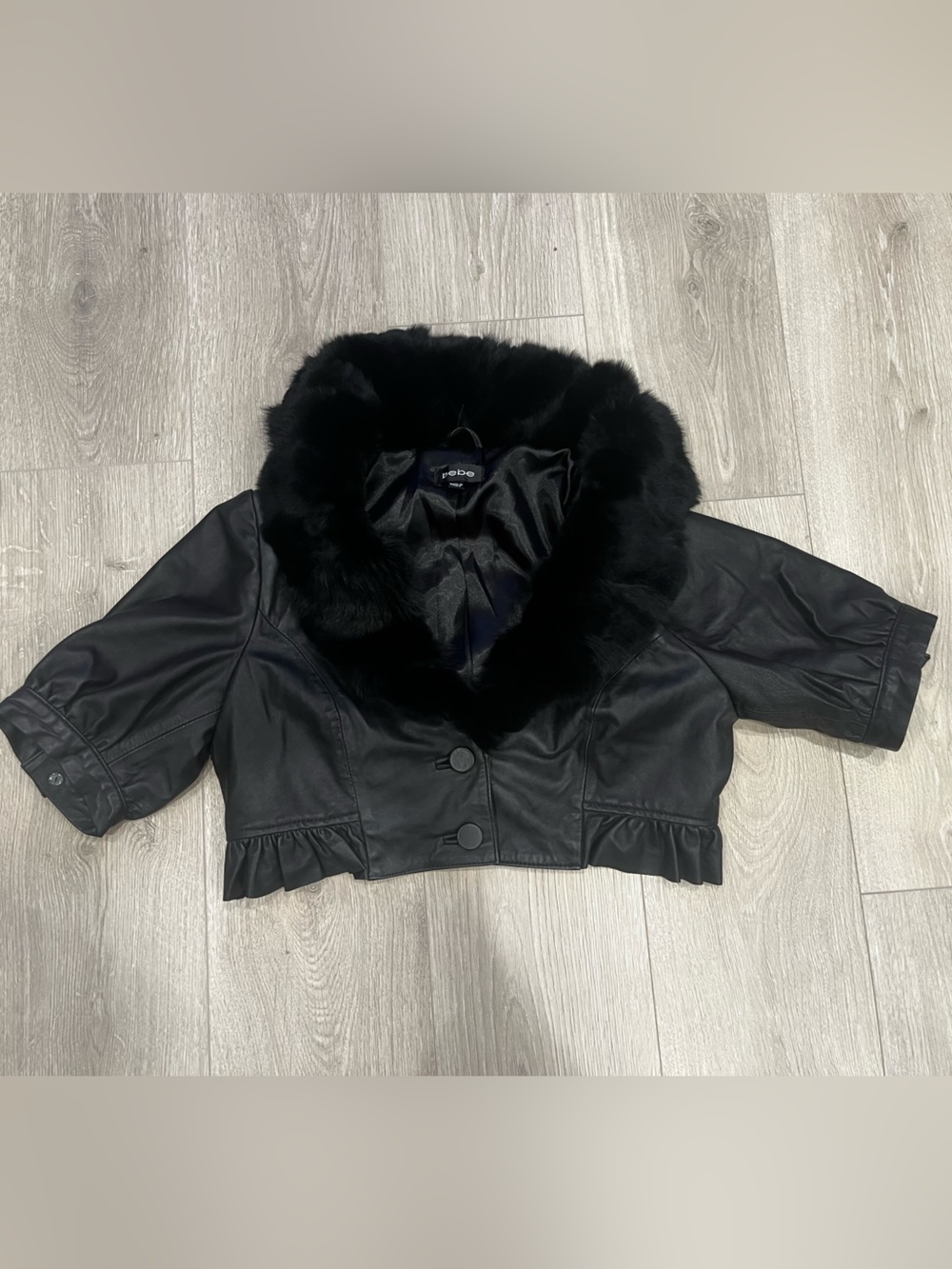 bebe Black Faux Leather Cropped Jacket with Plush Fur Collar